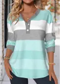 Modlily Mint Green Patchwork Striped Long Sleeve Split Neck Sweatshirt - XL