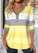 Modlily Light Yellow Patchwork Striped Long Sleeve Split Neck Sweatshirt - XXL