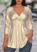 Modlily Champagne Twist Long Sleeve V Neck T Shirt - L