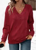 Modlily Wine Red Jacquard Long Sleeve V Neck Sweatshirt - L