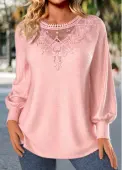 Modlily Light Pink Embroidery Long Sleeve Round Neck T Shirt - M