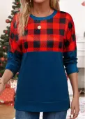 Modlily Navy Patchwork Plaid Long Sleeve Round Neck Sweatshirt - S