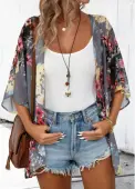 Modlily Dark Grey Floral Print 3/4 Sleeve Light Cardigan - M