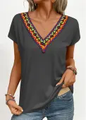 Modlily Dark Grey Patchwork Tribal Print Short Sleeve T Shirt - S