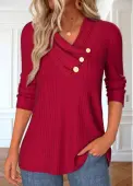 Modlily Red Button Long Sleeve V Neck T Shirt - XXL