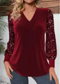 Modlily Wine Red Velvet Long Sleeve V Neck T Shirt - L