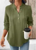 Modlily Olive Green Button Long Sleeve Split Neck Blouse - XL