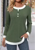 Modlily Olive Green Button Long Sleeve Round Neck T Shirt - L