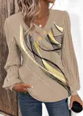 Modlily Light Camel Button Geometric Print Long Sleeve T Shirt - XL