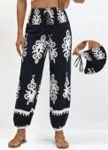 Modlily Navy Smocked Tribal Print Jogger Elastic Waist Pants - 2XL