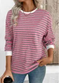 Modlily Pink Striped Long Sleeve Round Neck T Shirt - M