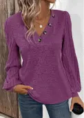 Modlily Purple Button Long Sleeve V Neck T Shirt - L