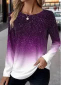Modlily Purple Patchwork Ombre Long Sleeve Round Neck T Shirt - L