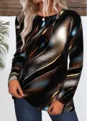 Modlily Dark Coffee Dazzle Colorful Print Long Sleeve T Shirt - L