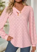 Modlily Light Pink Jacquard Long Sleeve V Neck T Shirt - M