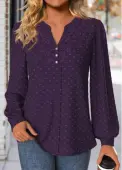 Modlily Purple Embroidery Long Sleeve Split Neck Blouse - L
