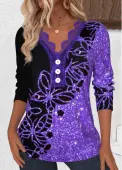 Modlily Purple Embroidery Butterfly Print Long Sleeve T Shirt - XXL