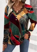 Modlily Multi Color Embroidery Geometric Print Long Sleeve T Shirt - XXL