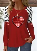 Modlily Wine Red Patchwork Heart Print Long Sleeve T Shirt - XL