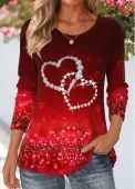 Modlily Deep Red Heart Print Long Sleeve T Shirt - XXL