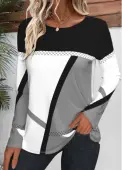 Modlily Multi Color Patchwork Geometric Print Long Sleeve T Shirt - L