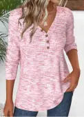 Modlily Light Pink Button Long Sleeve V Neck T Shirt - XL