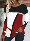 Modlily Wine Red Patchwork Geometric Print Long Sleeve T Shirt - XL