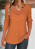 Modlily Terracotta Lace Long Sleeve Round Neck T Shirt - M