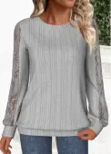 Modlily Grey Lace Long Sleeve Round Neck Sweatshirt - L