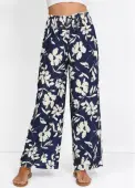 Modlily Navy Smocked Plants Print Wide Leg Elastic Waist Pants - XL