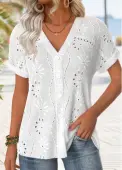Modlily White Button Short Sleeve V Neck Blouse - XXL