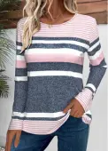 Modlily Pink Striped Long Sleeve Round Neck T Shirt - M