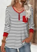Modlily Red Zipper Striped Long Sleeve V Neck T Shirt - XXL