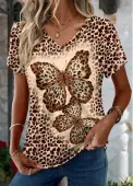 Modlily Dark Coffee Leopard Short Sleeve V Neck T Shirt - XXL