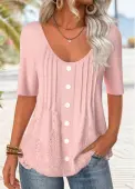 Modlily Light Pink Button Half Sleeve Scoop Neck T Shirt - L
