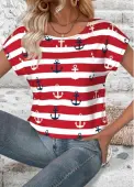 Modlily Red Striped Short Sleeve Round Neck T Shirt - XL