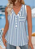 Modlily Dusty Blue Button Striped Sleeveless V Neck Tank Top - XXL