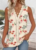 Modlily Beige Embroidery Floral Print Sleeveless V Neck Tank Top - S
