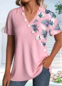 Modlily Pink Asymmetry Leaf Print Short Sleeve Shirt - M