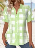 Modlily Light Green Button Plaid Short Sleeve Shirt - L