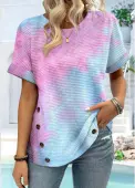 Modlily Blue Button Ombre Short Sleeve Round Neck T Shirt - M
