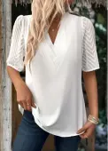 Modlily Women White V Neck Blouse Patchwork Mesh Half Sleeve Shirt - M