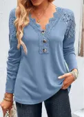 Modlily Dusty Blue Lace Long Sleeve T Shirt - M