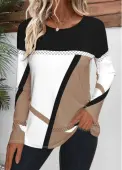 Modlily Light Coffee Patchwork Geometric Print Long Sleeve T Shirt - XXL