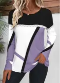 Modlily Light Purple Patchwork Geometric Print Long Sleeve T Shirt - M
