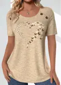 Modlily Light Camel Button Butterfly Print Short Sleeve T Shirt - L
