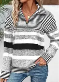 Modlily Black Zipper Striped Long Sleeve Turn Down Collar Sweatshirt - XL