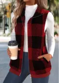 Modlily Wine Red Plush Plaid Sleeveless Stand Collar Waistcoat - L