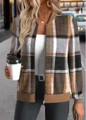 Modlily Dark Coffee Zipper Plaid Long Sleeve Stand Collar Jacket - S