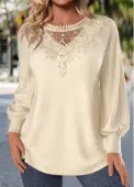 Modlily Beige Embroidery Long Sleeve Round Neck T Shirt - XL